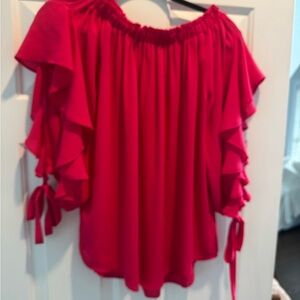 She + Sky Vibrant Pink Ruffle Sleeve Blouse